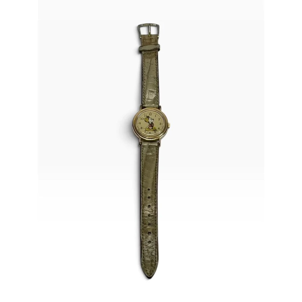 Lorus Mickey Mouse Watch Gold Tone Y481-1190 Beige Leather Works!